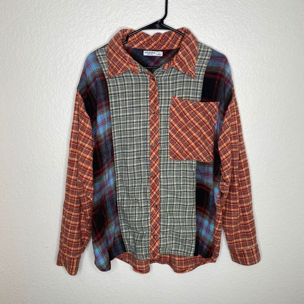 Arizona jean co womens patchwork plaid shacket flannel outdoors soft fall L